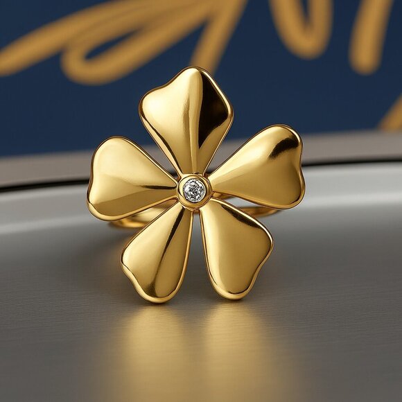 🆕️18K Gold Plated Adjustable Flower Ring with Zirconia Detail - Trendy Jewelry - Picture 1 of 9